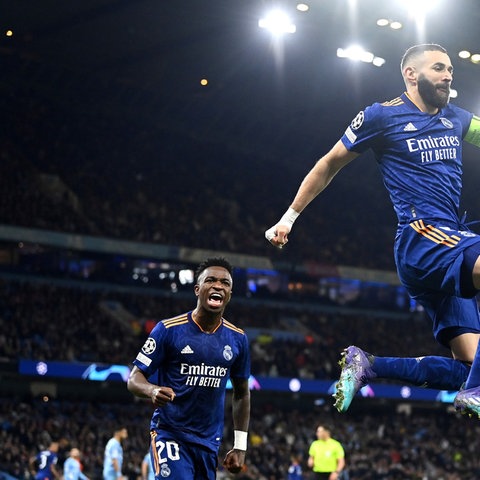 Reals Karim Benzema bejubelt seinen Treffer im Champions League-Spiel gegen Manchester City.